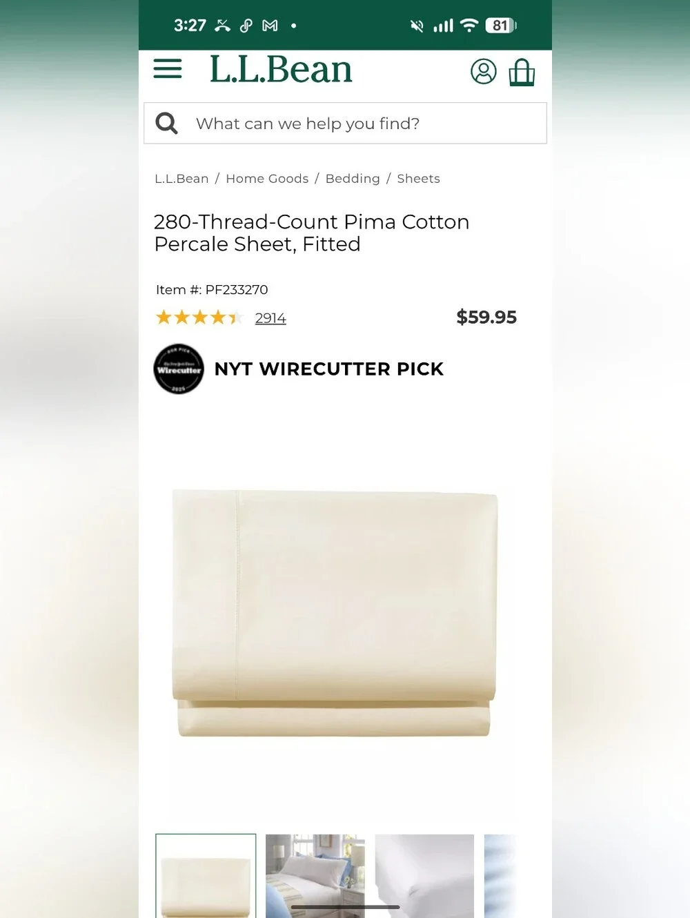 L.L. Bean Pima Cotton Percale Fitted Sheet in Cream Full-sized